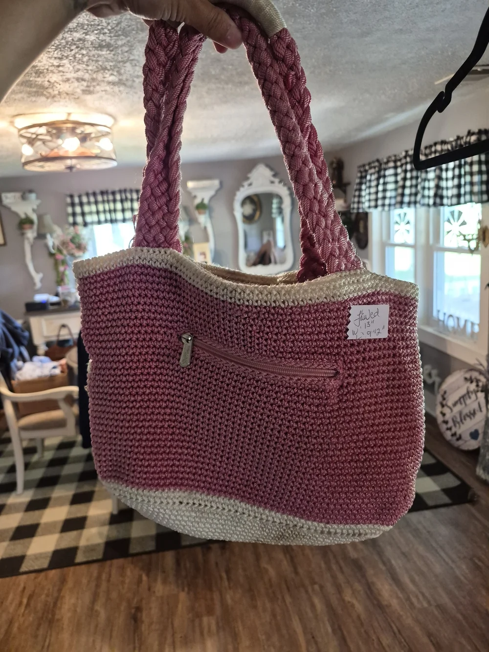 The Sak Handmade Pink Crochet Tote Bag with Cream Trim